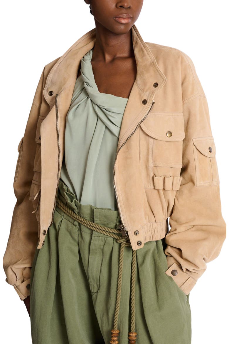 Suede bomber jacket, Alternate, color, beige