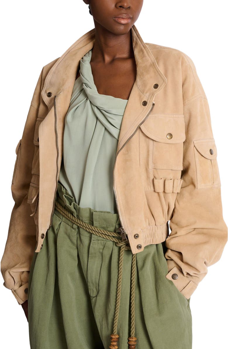 Balmain Suede bomber jacket, Alternate, color, Beige