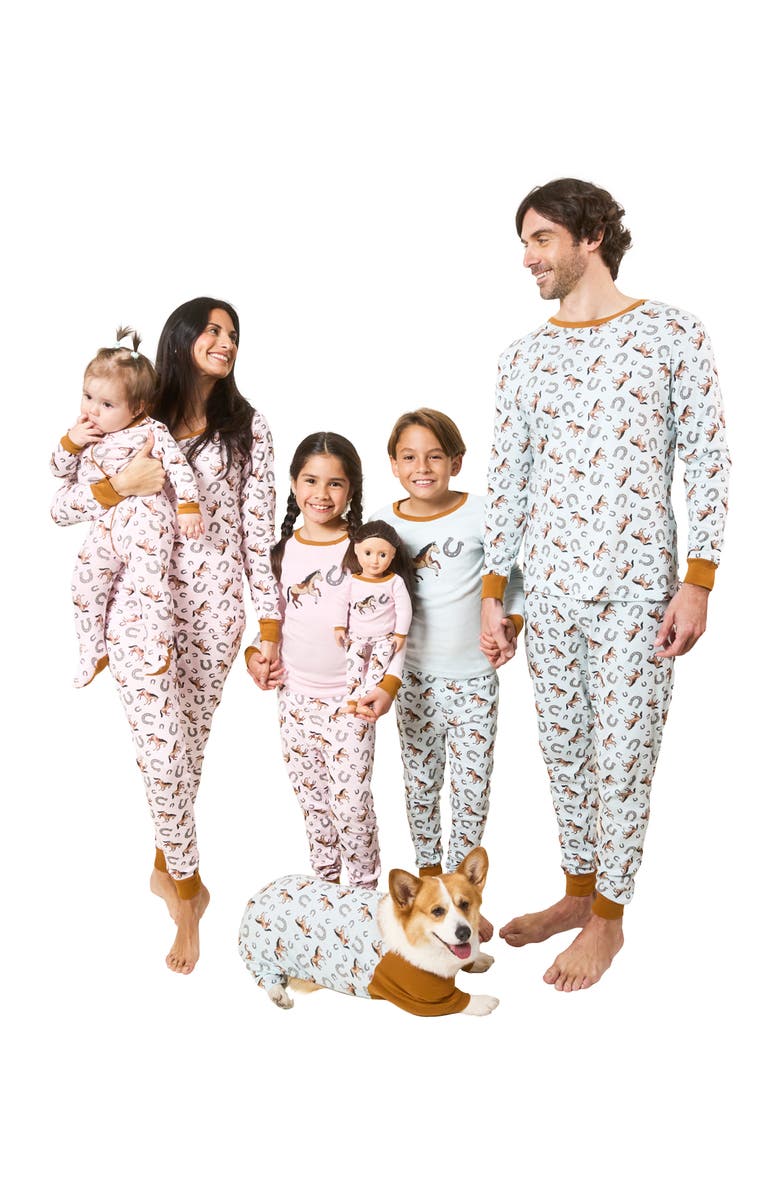 Leveret Kids Footed Printed Cotton Matching Family Pajamas, Coordinated Prints, Alternate, color, Blue Horse