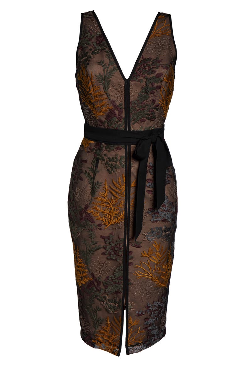 Embroidered Cocktail Sheath Dress, Alternate, color, MUSTARD/ GREEN