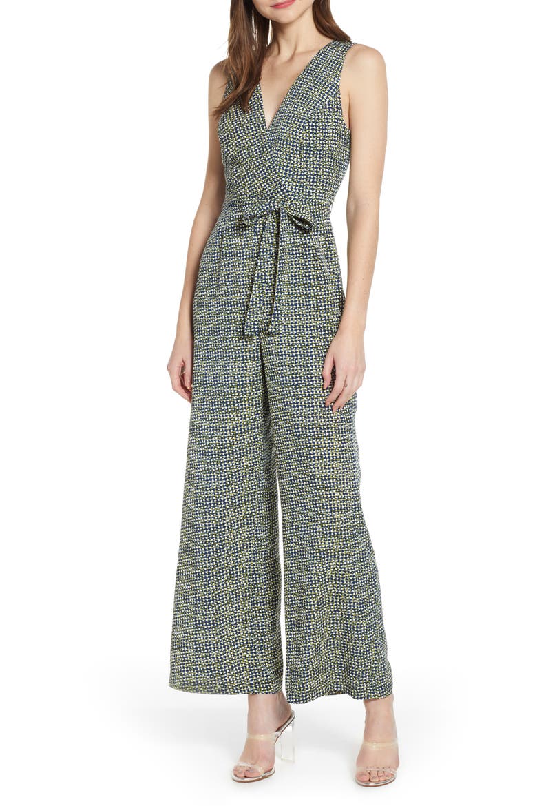 Sleeveless Tie Waist Jumpsuit, Main, color, NAVY PEACOAT TINY DOTS