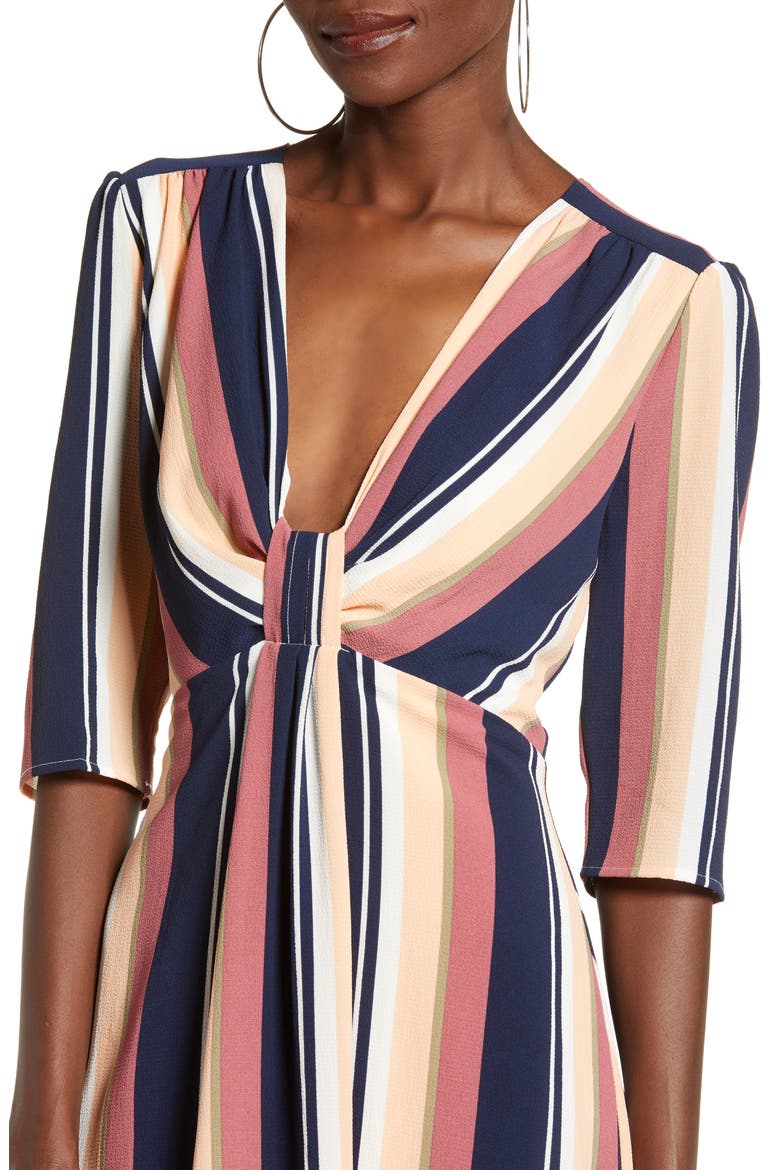 Deep V-Neck Stripe Midi Dress, Alternate, color, NAVY PEACOAT BOLD STRIPE
