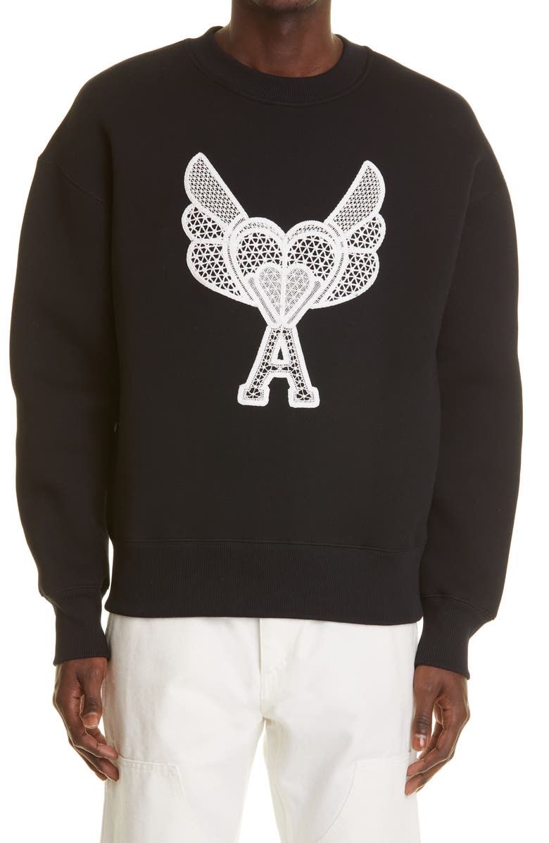 AMI Paris Mattiussi Lace Logo Stretch Cotton Sweatshirt, Main, color, Fleece Black