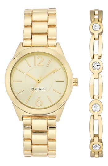 Nine West Quartz Bracelet Watch & Crystal Chain Bracelet Set, 30mm In Gold
