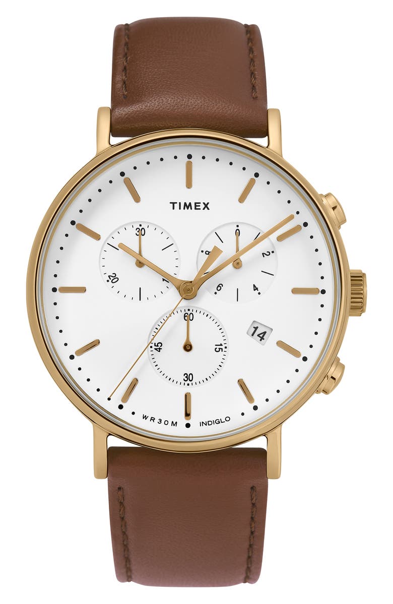 Timex<sup>®</sup> Fairfield Chronograph Leather Strap Watch, 41mm, Main, color, 