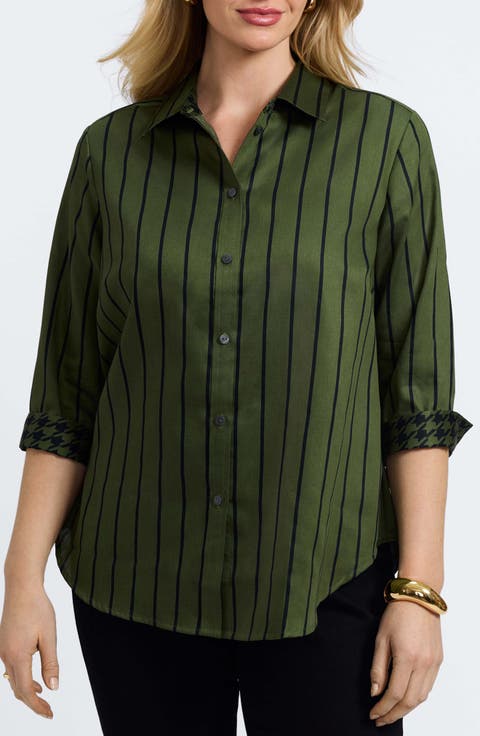 Margie Stripe Three-Quarter Sleeve Button-Up Shirt (Plus)