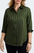 Foxcroft Margie Stripe Three-Quarter Sleeve Button-Up Shirt