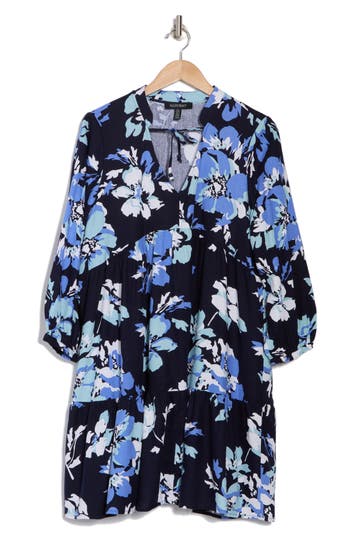 Ellen Tracy Floral Tiered Babydoll Dress In Navy Bouquet