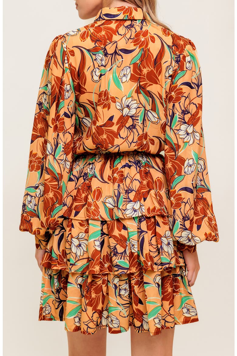 Floral Long Sleeve Minidress, Alternate, color, TAUPE BROWN