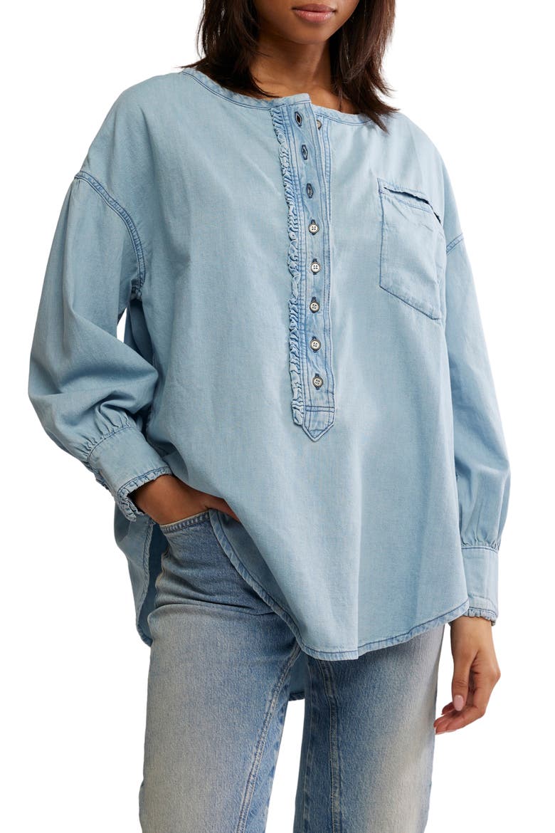 Dreaming Ruffle Oversize Chambray Shirt, Main, color, SO SOFT LIGHT WASH