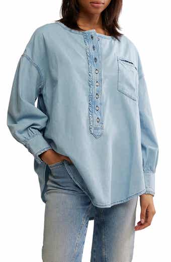 Free People Dreaming Ruffle Oversize Chambray Shirt