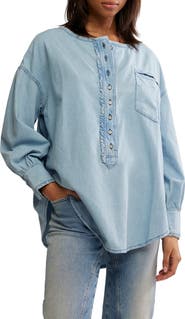 Free People Dreaming Ruffle Oversize Chambray Shirt