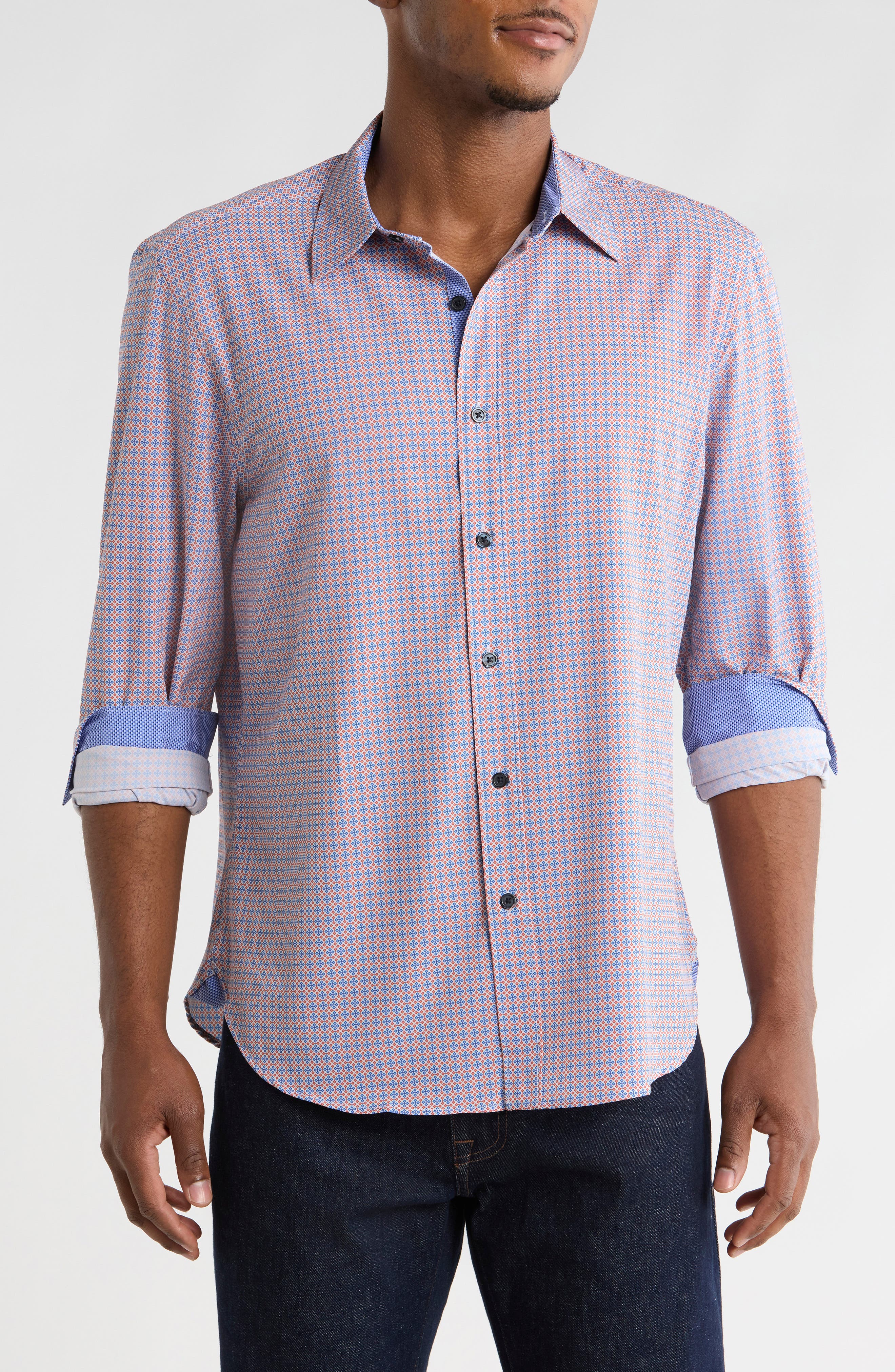 CONSTRUCT Slim Fit Geometric Cross 4-Way Stretch Performance Button-Up Shirt