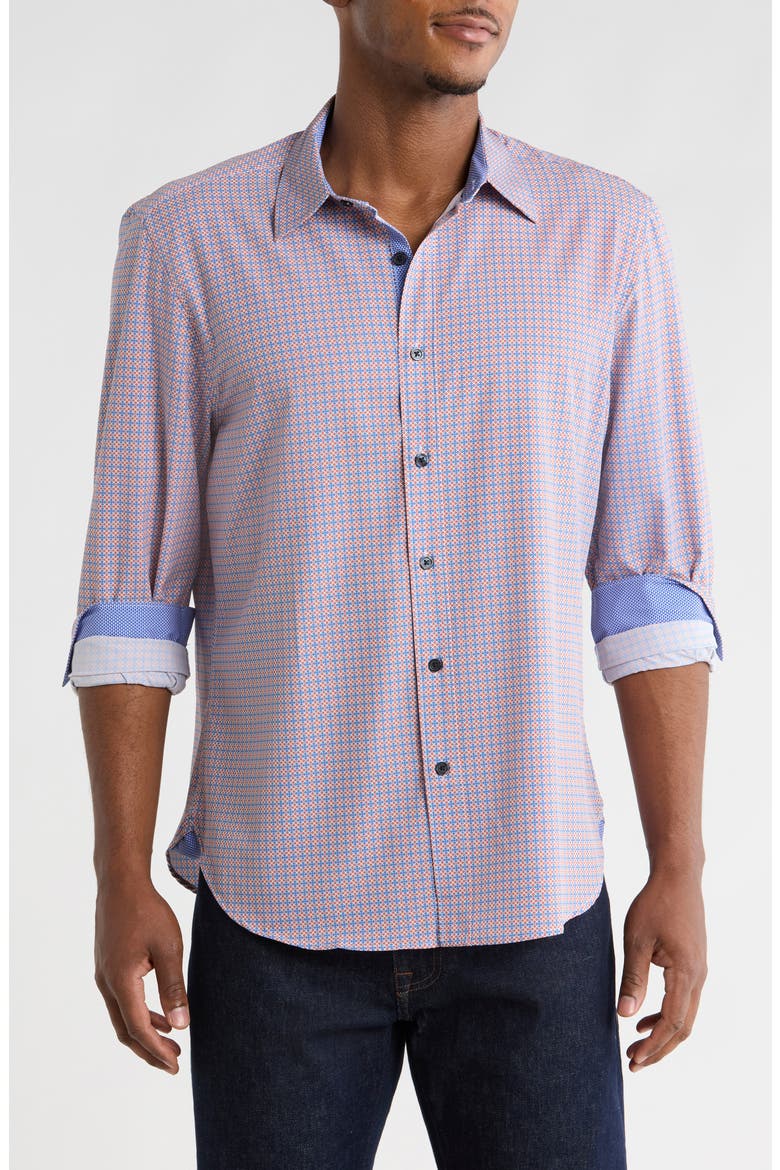 Slim Fit Geometric Cross 4-Way Stretch Performance Button-Up Shirt, Main, color, ORANGE/ BLUE