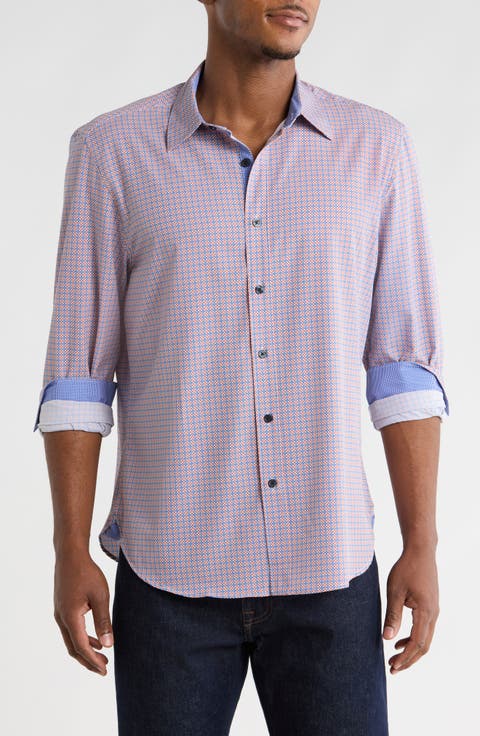 Slim Fit Geometric Cross 4-Way Stretch Performance Button-Up Shirt