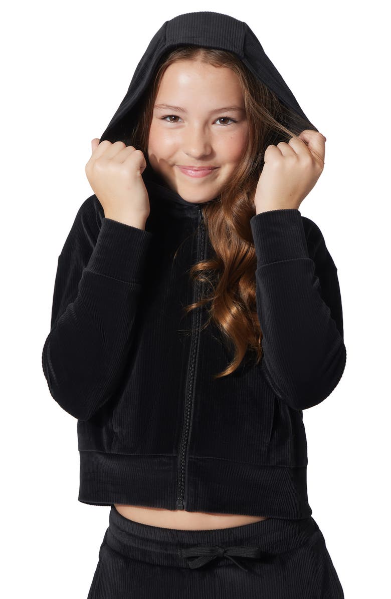 90 DEGREE BY REFLEX Kids' Rib Velour Castle Zip Hoodie & Joggers Set, Alternate, color, Black