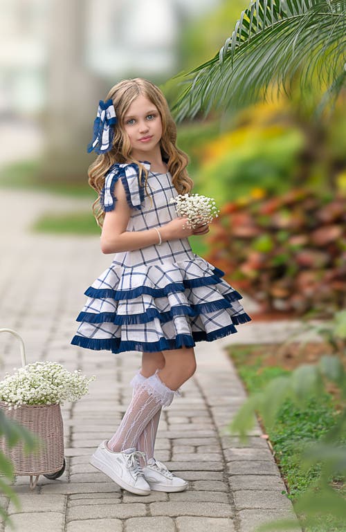 Petite Maison Kids Checkered Linen Tulle Dress In Navy Checkered