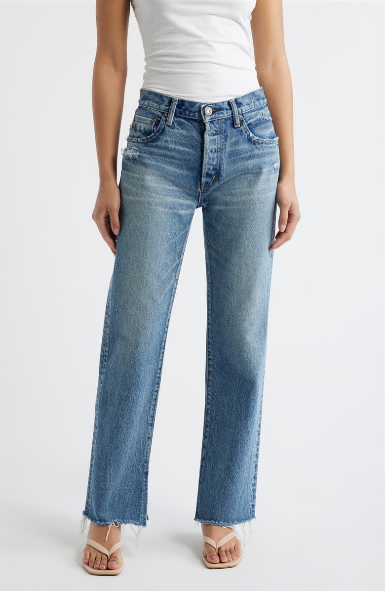 MOUSSY VINTAGE Foster Distressed Raw Hem Straight Leg Jeans, Main, color, Blue