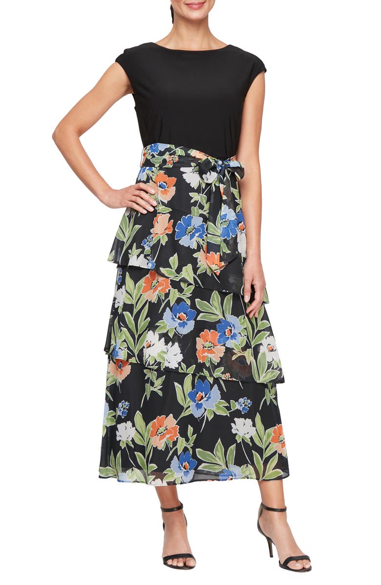 SL FASHIONS Mixed Media Tiered Dress, Main, color, Black White