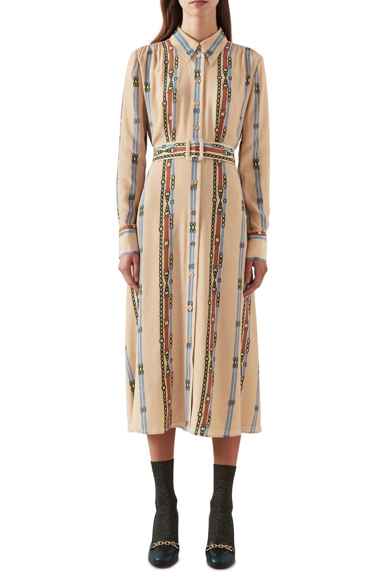 Kate Long Sleeve Belted Shirtdress, Main, color, GOLD MULTI