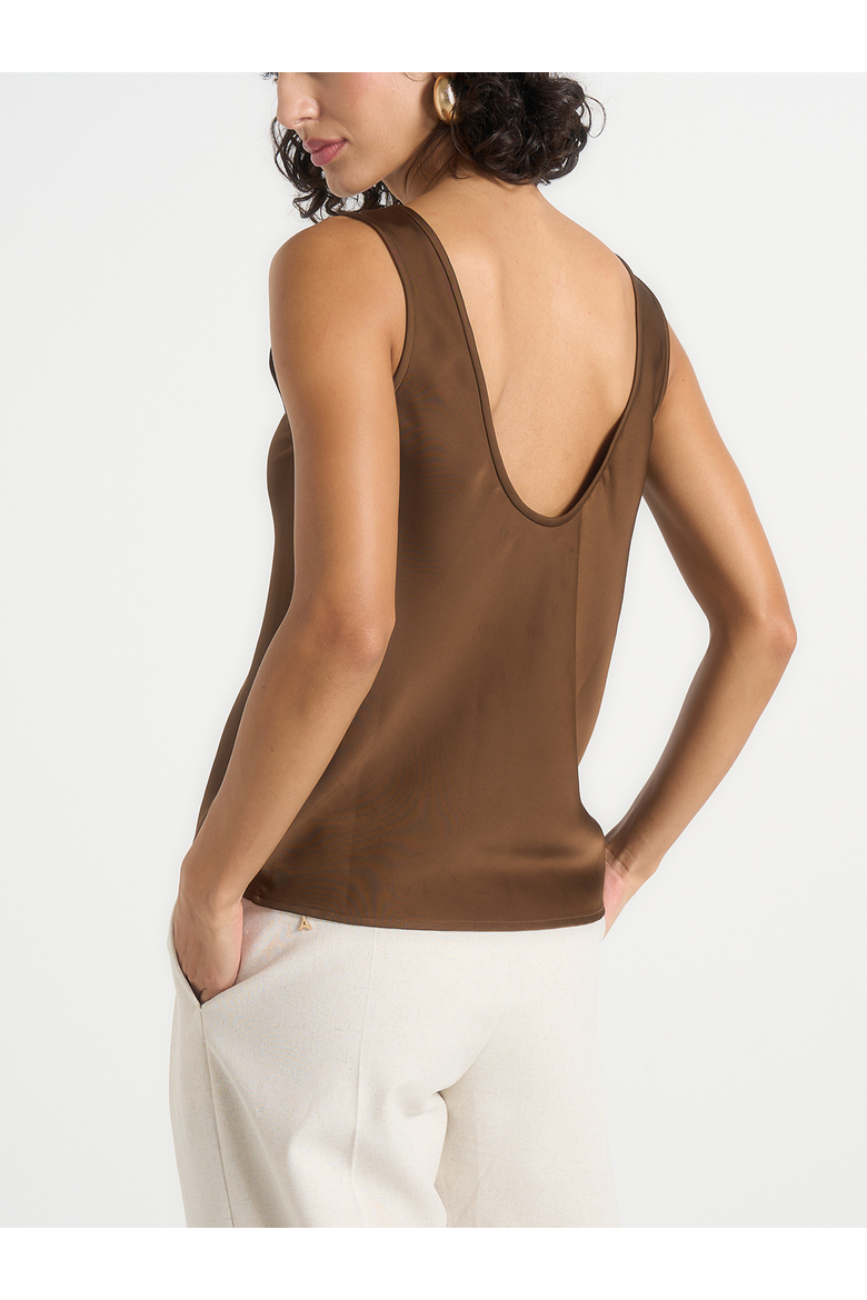 Mathilda Satin Scoop Neck Open Back Tank Top, Alternate, color, Brown