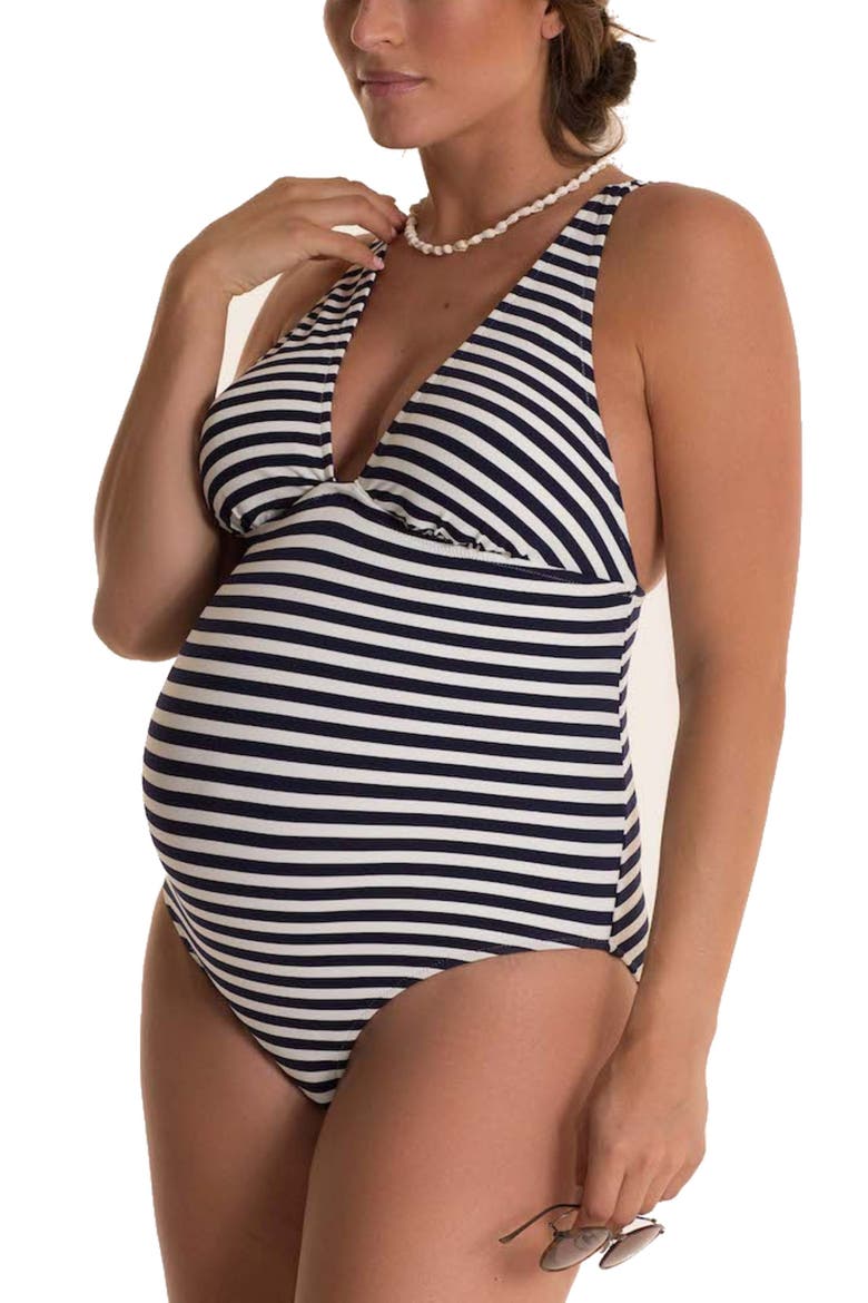 Marina Stripe One-Piece Maternity Swimsuit, Main, color, NAVY/ WHITE