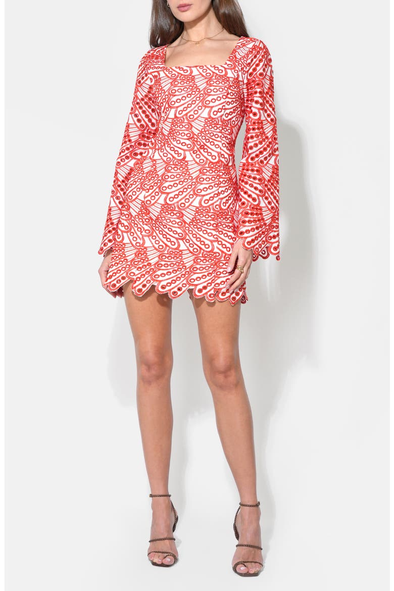 Regina Scallop Long Sleeve Minidress, Alternate, color, WHITE/ RED