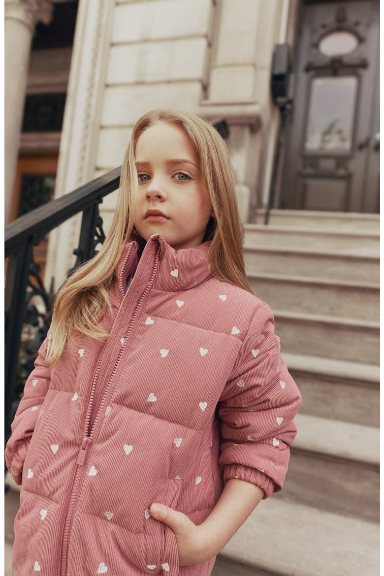 Kids' Heart Embroidered Corduroy Puffer Jacket, Alternate, color, DUSTY PINK