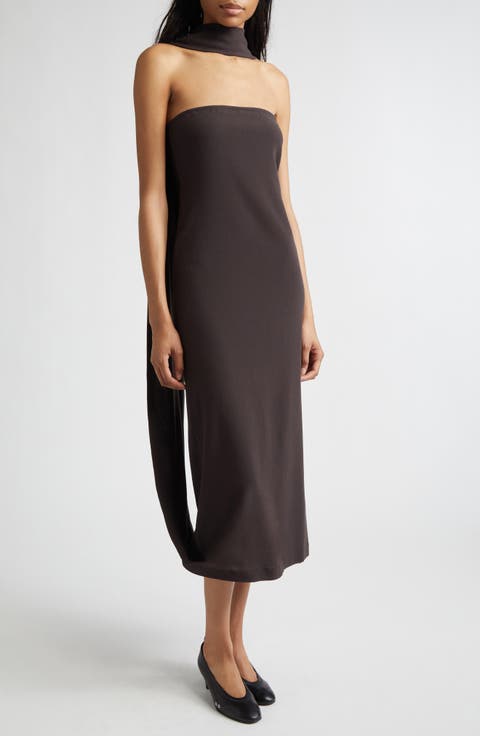 Alberch Strapless Wool Blend Dress with Attached Scarf