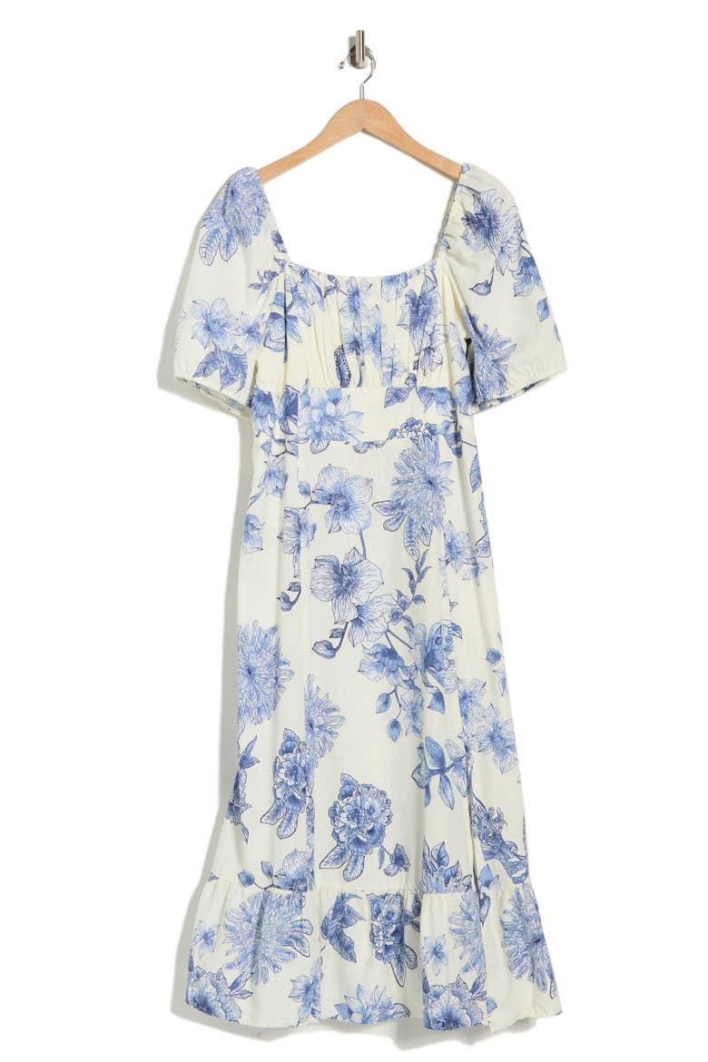 Floral Puff Sleeve Linen Blend Midi Dress, Alternate, color, WHITE/ BLUE