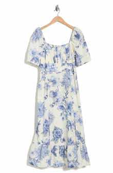 London Times Floral Puff Sleeve Linen Blend Midi Dress