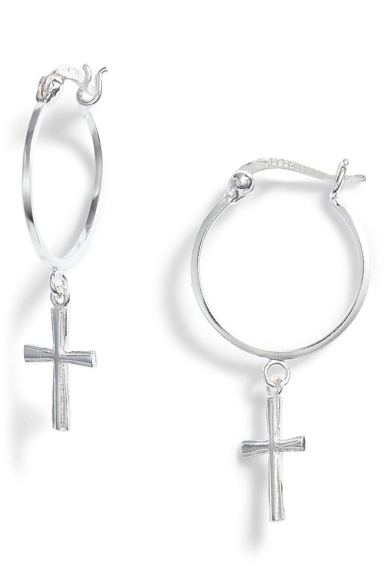 Argento Vivo Cross Drop Hoop Earrings, Main, color, SILVER