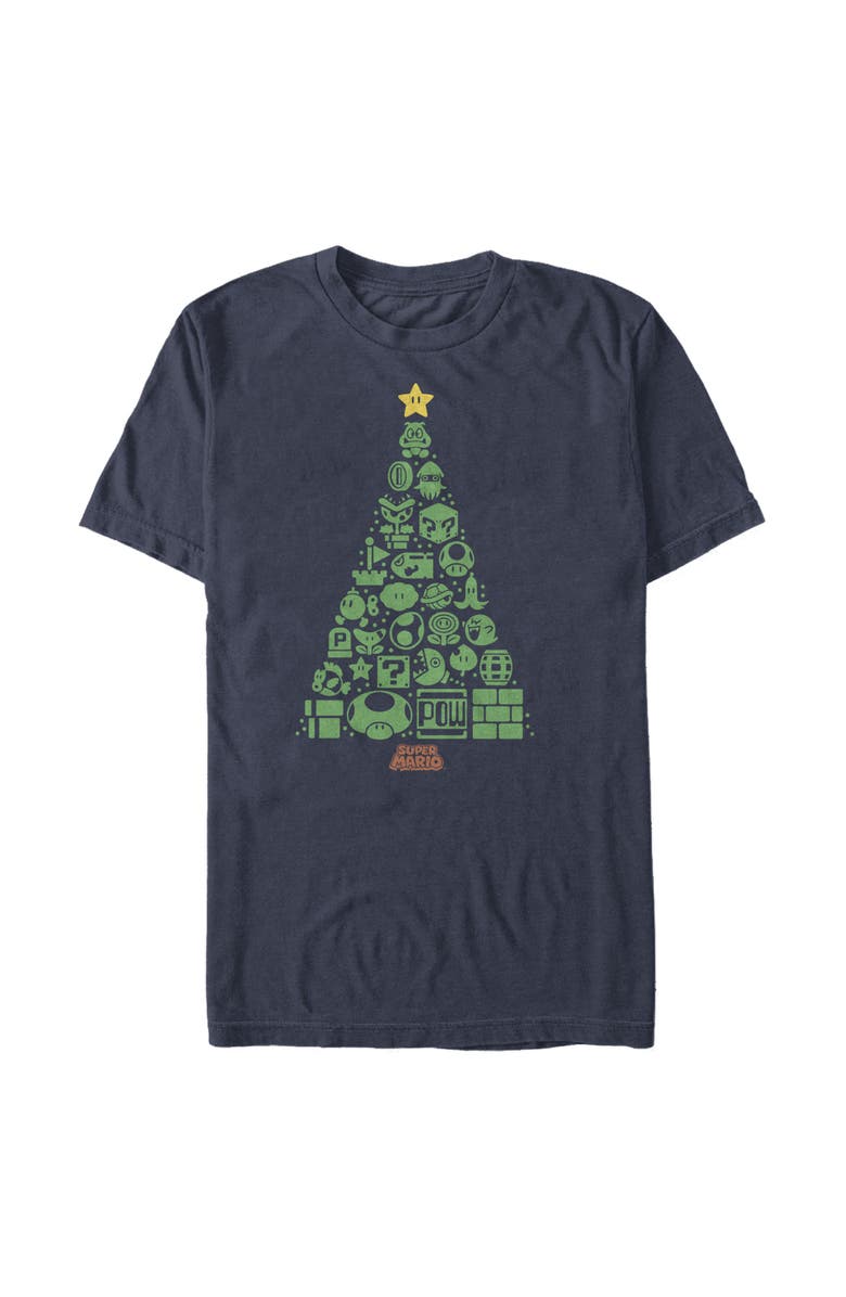 NINTENDO Men's Nintendo Christmas Tree Mosaic  Graphic T-Shirt, Main, color, Navy Blue