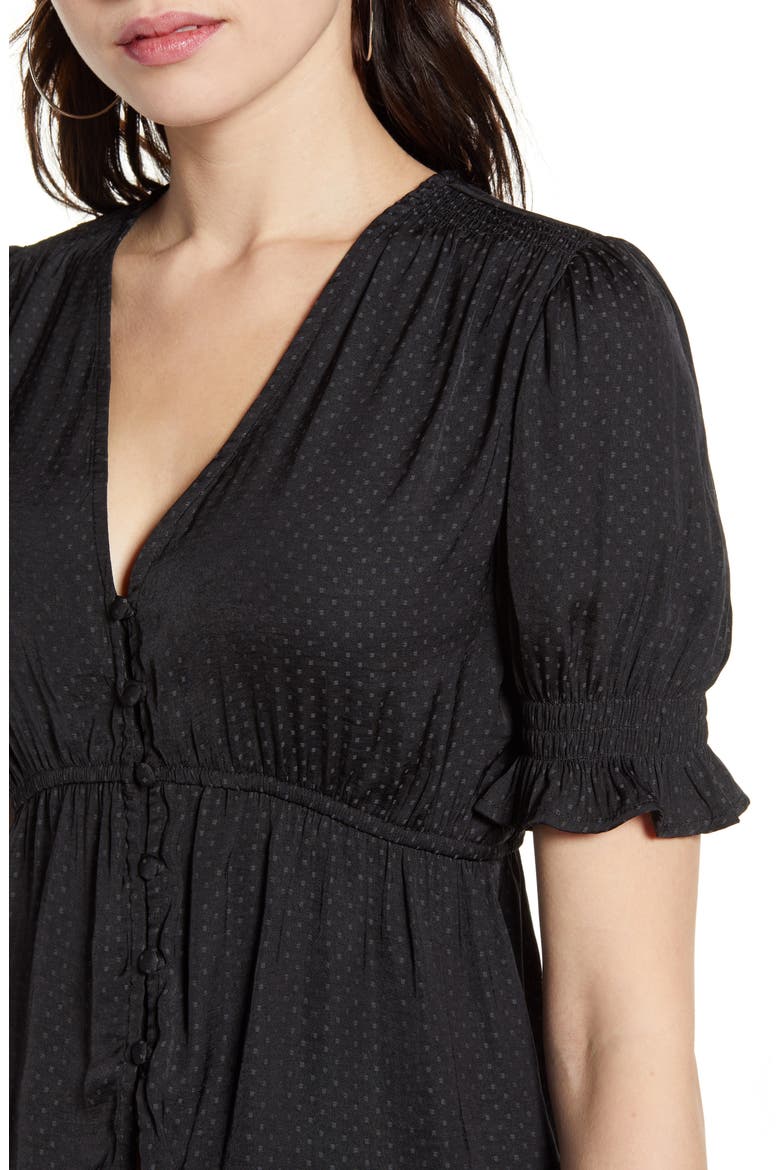 Shirred Sleeve Jacquard Dot Top, Alternate, color, BLACK