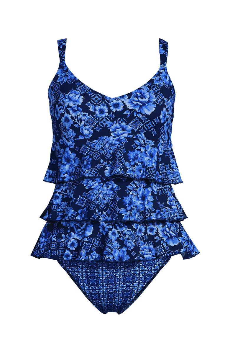 Lands' End Smoothing Control Ruffle Fauxkini One Piece Swimsuit, Alternate, color, Navy Mosaic Floral/Tile Mix