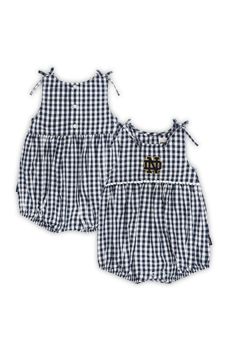GARB Girls Infant Garb Navy/White Notre Dame Fighting Irish Teagan Gingham Ruffled Romper, Main, color, 