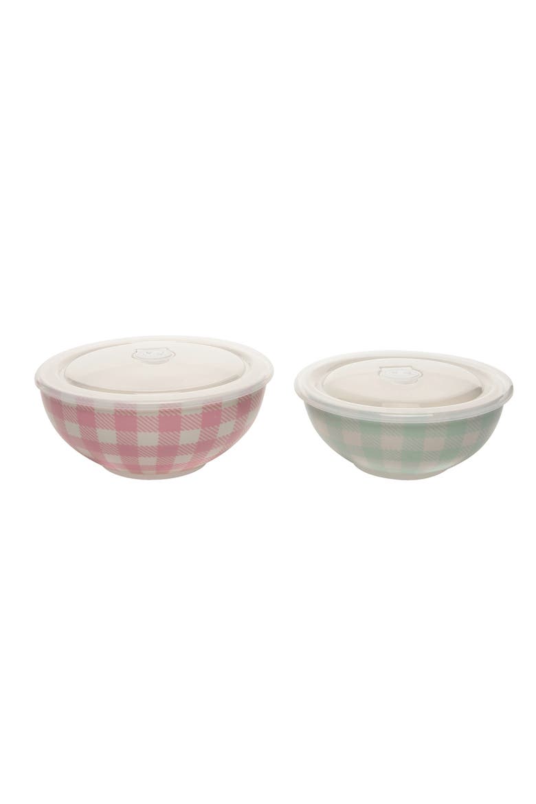 Gingham Pattern Bowls w/ Plastic Lid Set of 2 Ceramic White 25.7 oz, Main, color, White