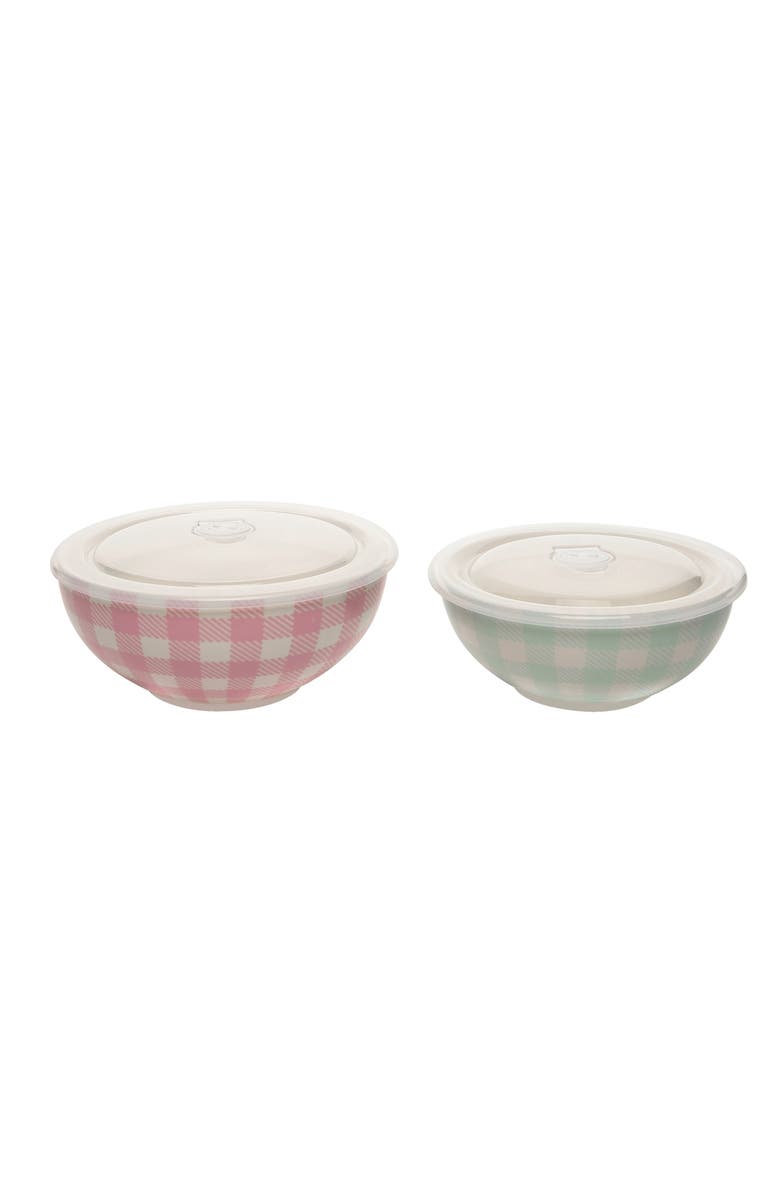 Totalee Gift Gingham Pattern Bowls w/ Plastic Lid Set of 2 Ceramic White 25.7 oz, Main, color, White