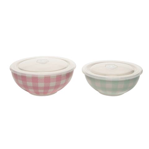Gingham Pattern Bowls w/ Plastic Lid Set of 2 Ceramic White 25.7 oz
