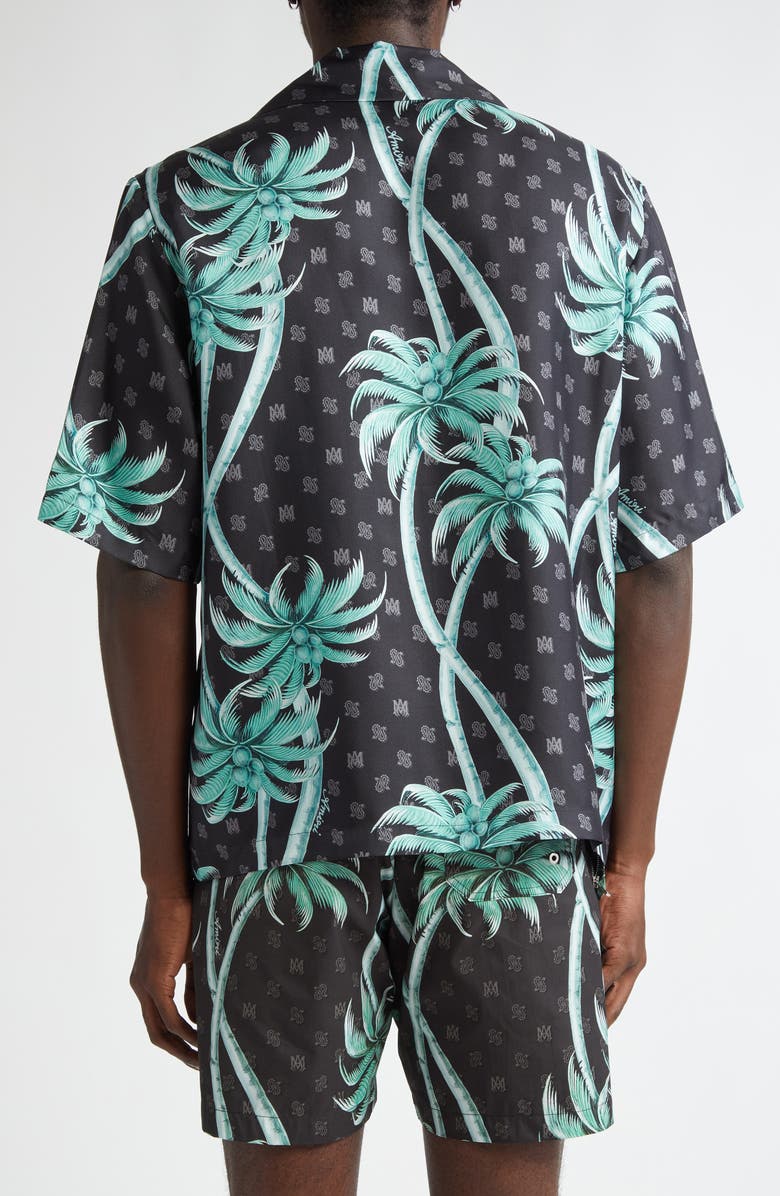 AMIRI Palm Logo Silk Camp Shirt, Alternate, color, Black