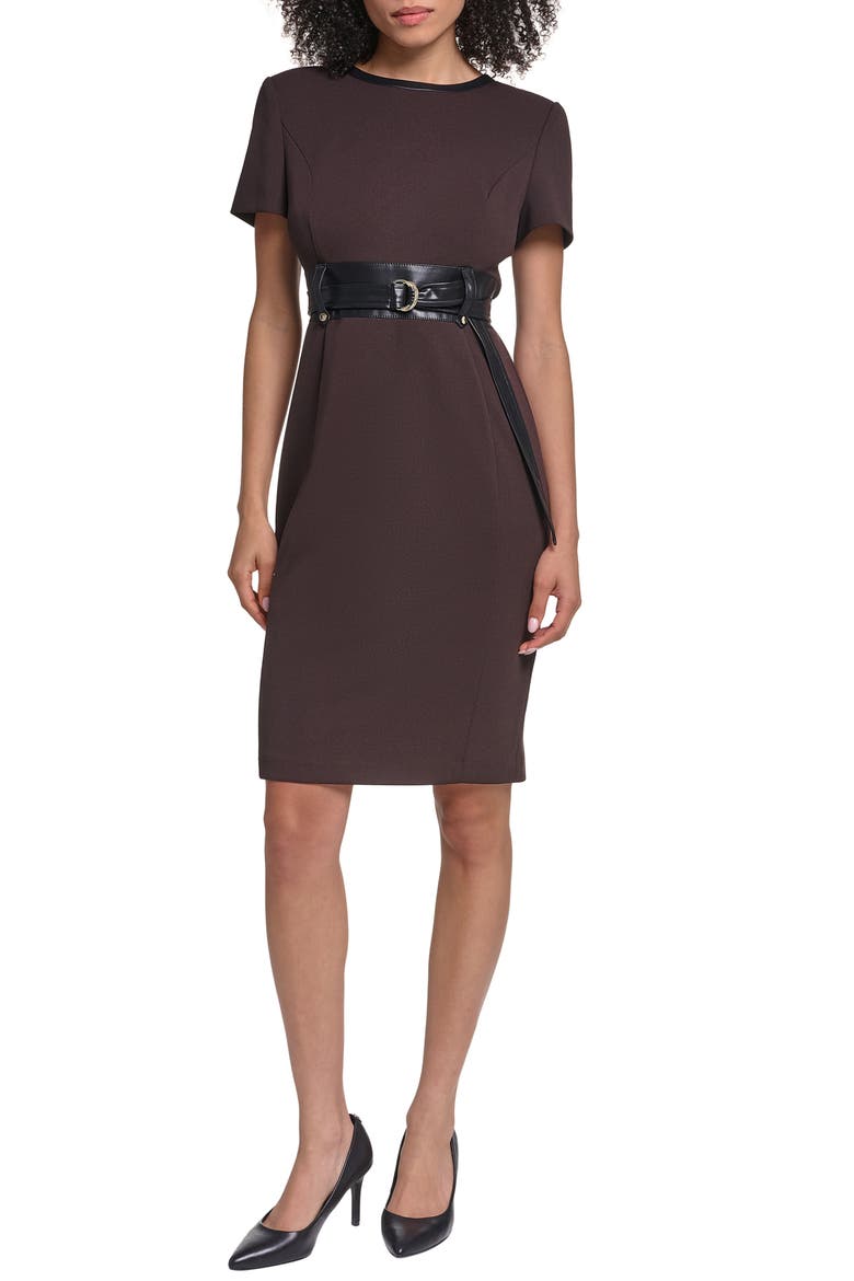 Faux Leather Detail Belted Scuba Crepe Sheath Dress, Main, color, ESPRESSO/ BLACK