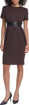 KARL LAGERFELD PARIS Faux Leather Detail Belted Scuba Crepe Sheath Dress