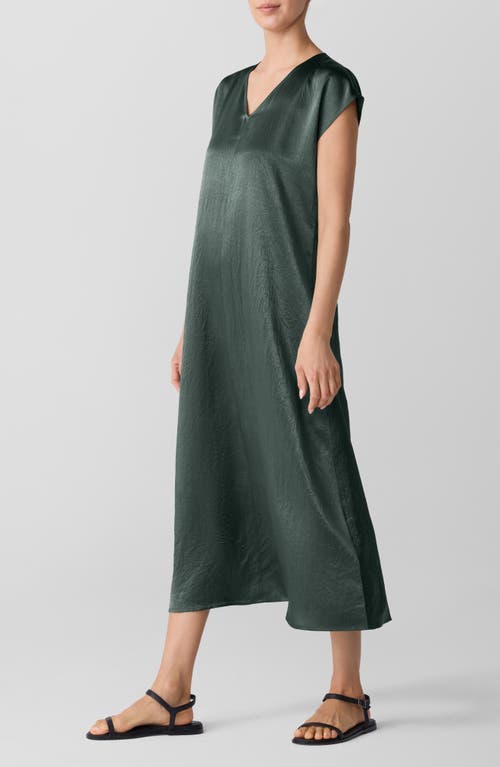 Eileen Fisher Satin V Neck Cap Sleeve Midi Dress In Green