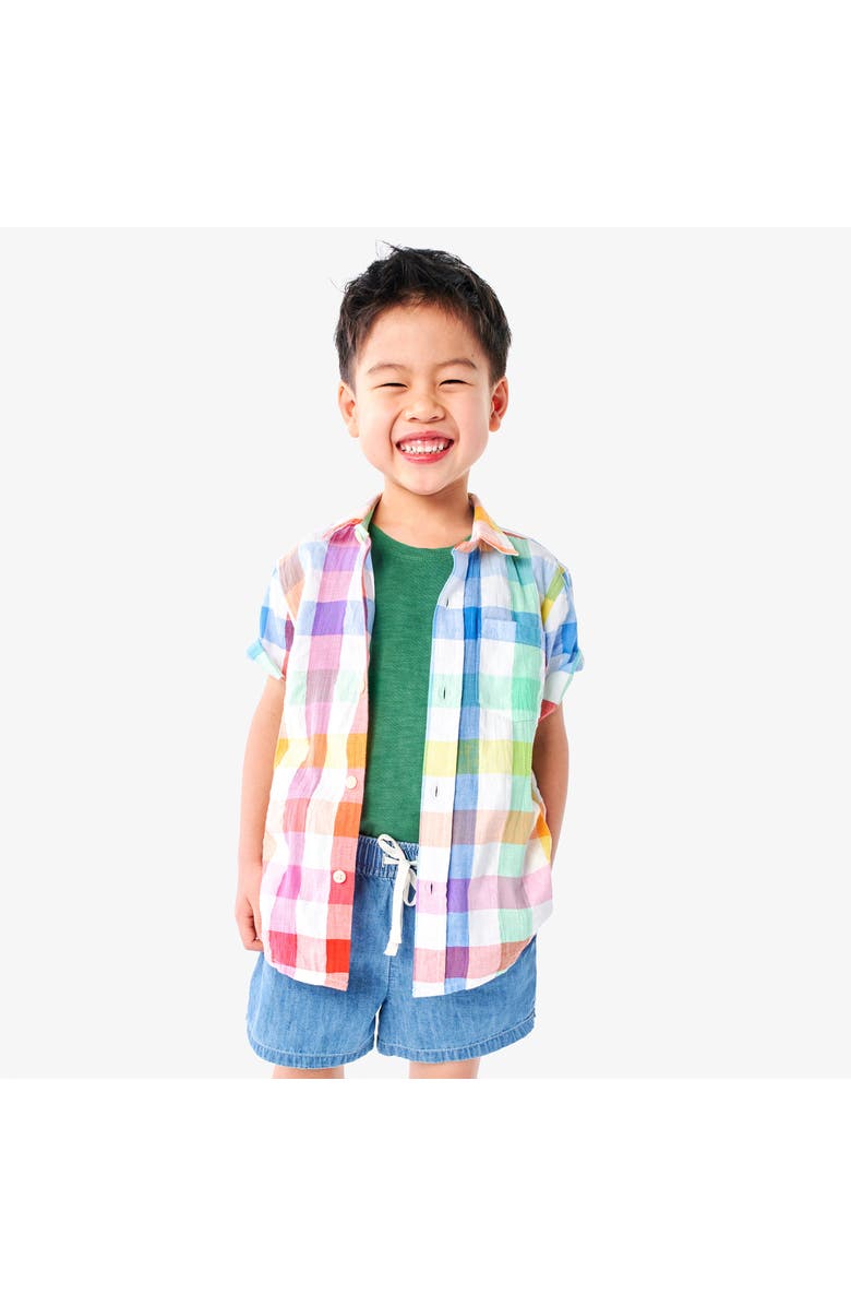 Primary Short Sleeve Button Down In Rainbow Gingham, Alternate, color, White Rainbow Check