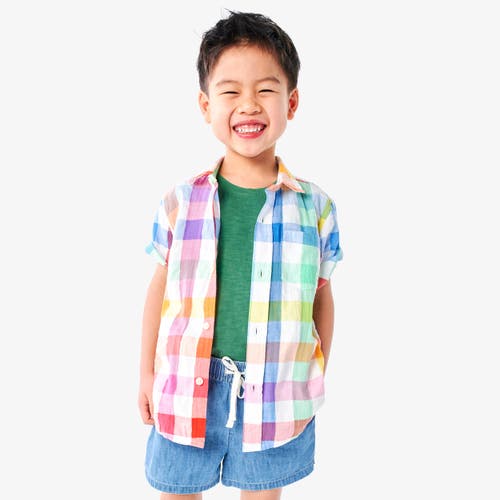 Primary Short Sleeve Button Down In Rainbow Gingham In White Rainbow Check