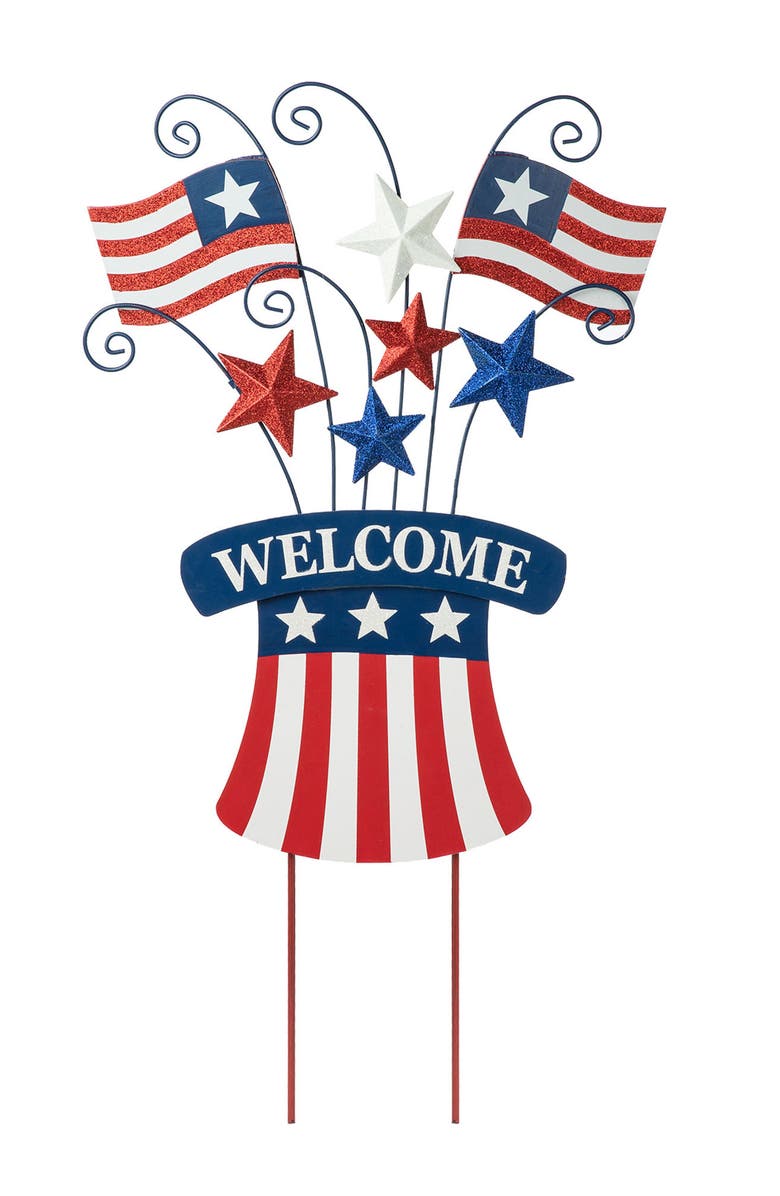 Glitzhome Wooden Metal Patriotic Flags Yard Stake or Wall Decor, Main, color, 