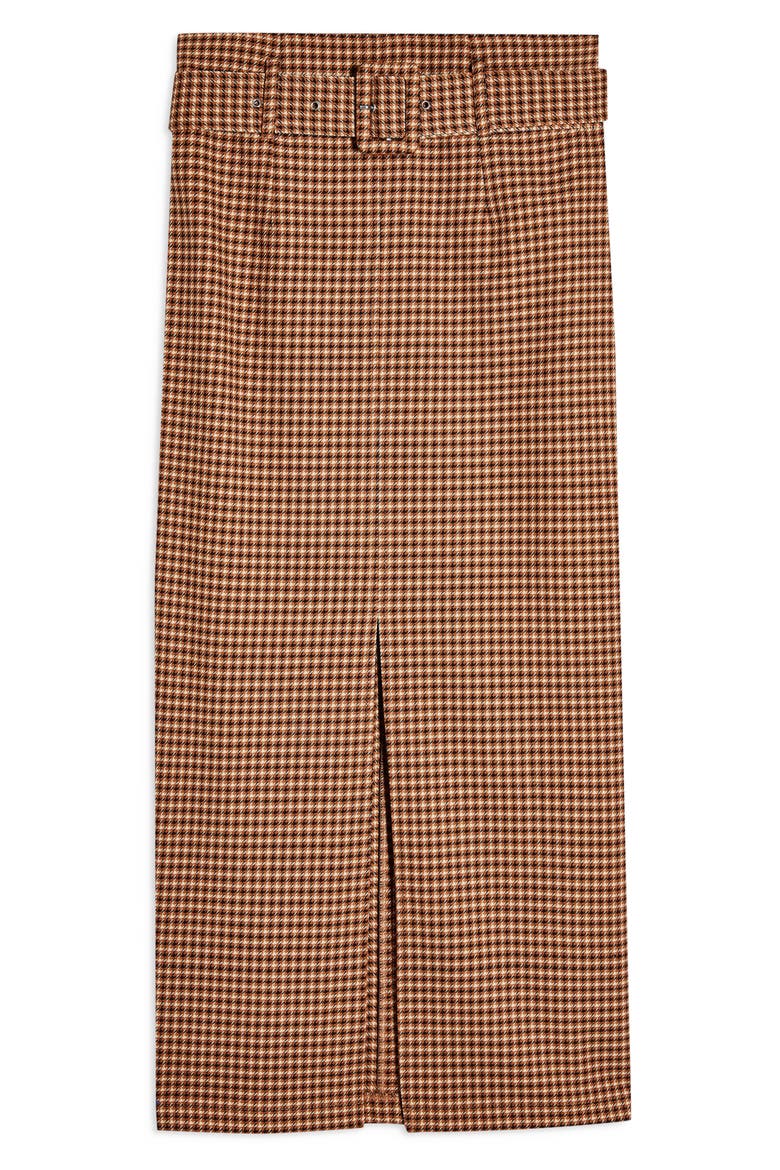 Belted Check Slit Midi Skirt, Alternate, color, BROWN MULTI