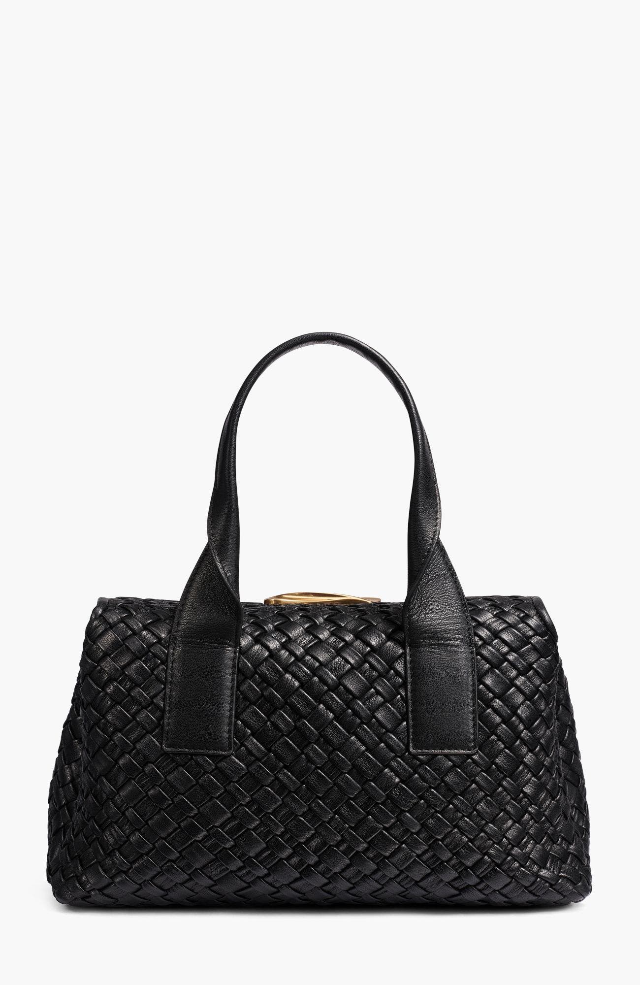 Amagansett Woven Leather Satchel, Alternate, color, Blk/Gold