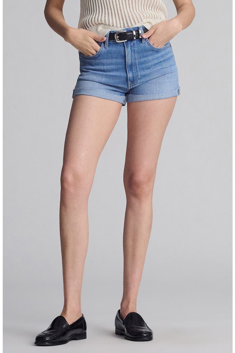 Vivia Cuffed Raw Hem Denim Shorts, Main, color, LT FLEX BLUE
