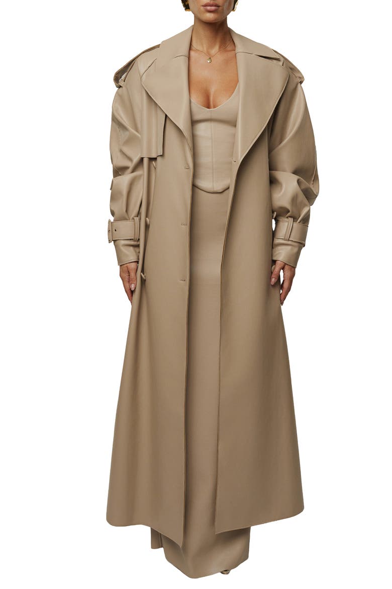 Icon Double Breasted Faux Leather Trench Coat, Alternate, color, TAN